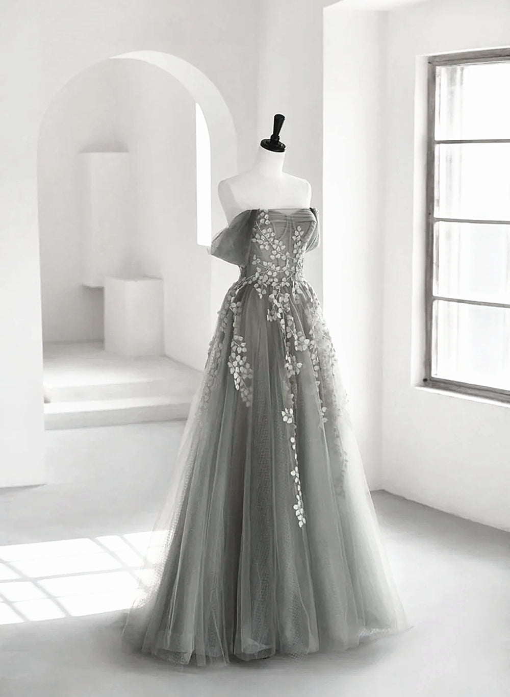 Light Grey A-line Tulle Long Formal Dress, Grey Tulle with Lace Applique Party Dress