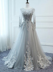Light Grey Tulle Long Sleeves A-line Prom Dress, Grey Party Dress Formal Dress