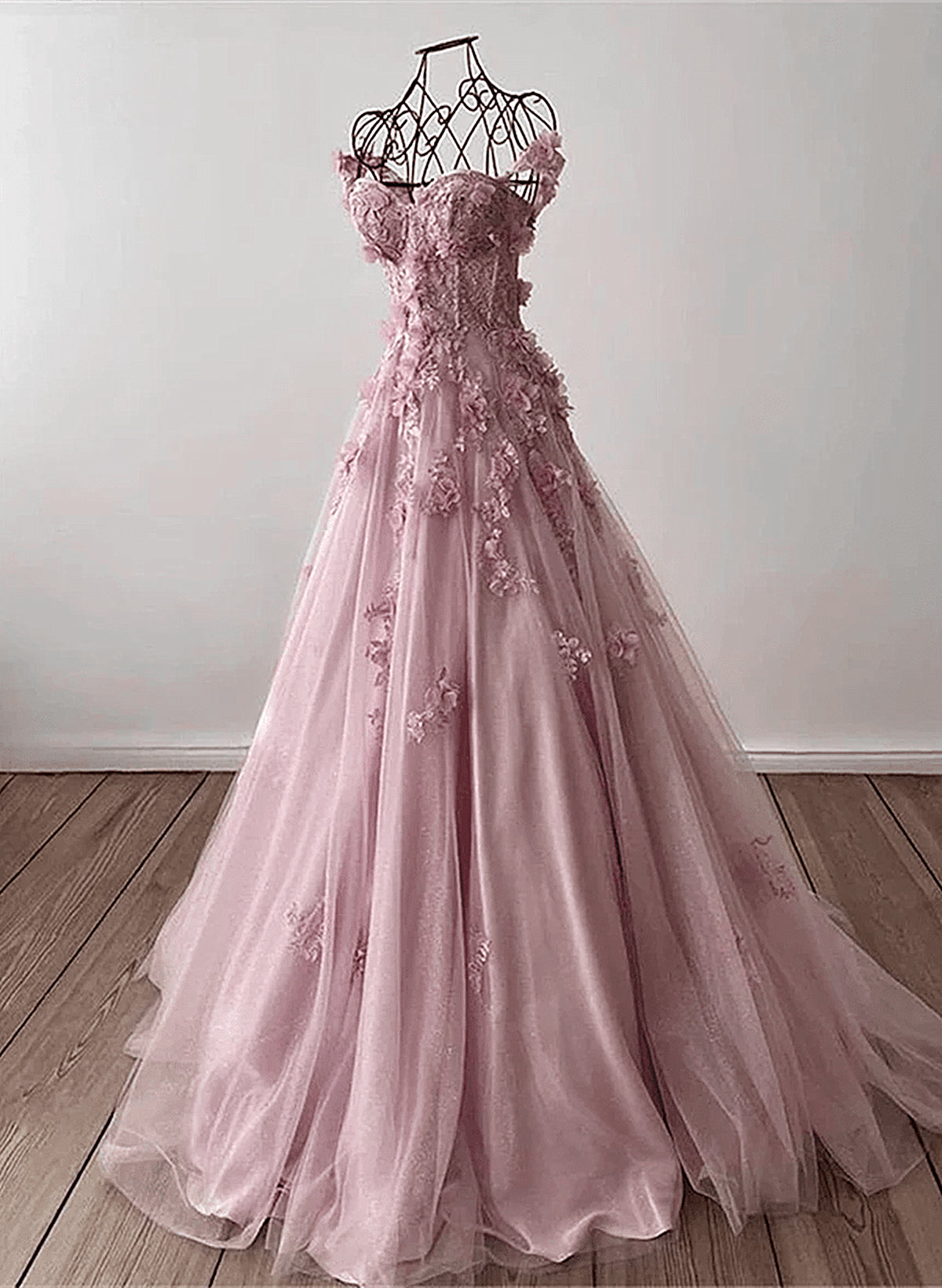 Light Pink Off Shoulder Tulle Floral Party Dress, A-line Pink Tulle Prom Dress Evening Dress