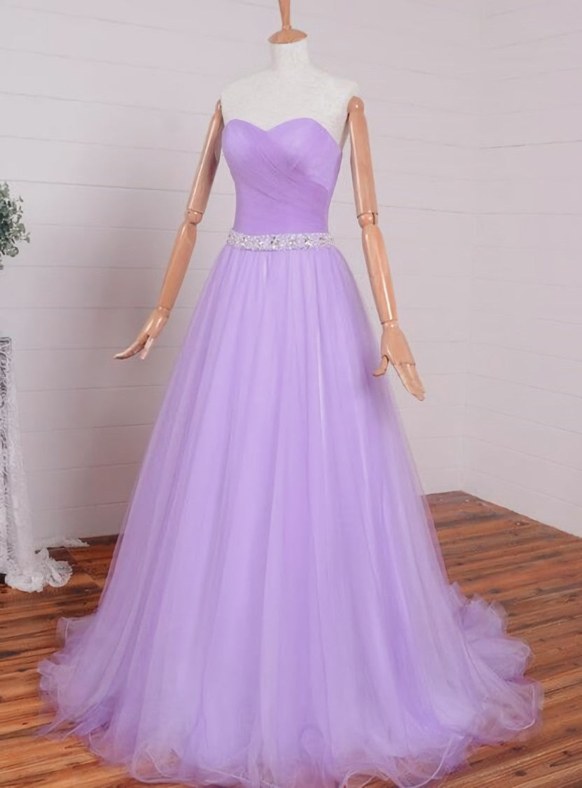 Light Purple Sweetheart Simple Beaded Waist Long Party Dress, Tulle Evening Gown Prom Dress