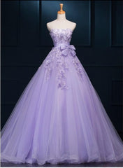 Light Purple Tulle Long Sweet 16 Dress with Bow, Lace Applique Purple Prom Dress Party Dress