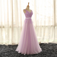 Light Purple V-neckline Long Formal Dress, Tulle Lace Applique Bridesmaid Dress