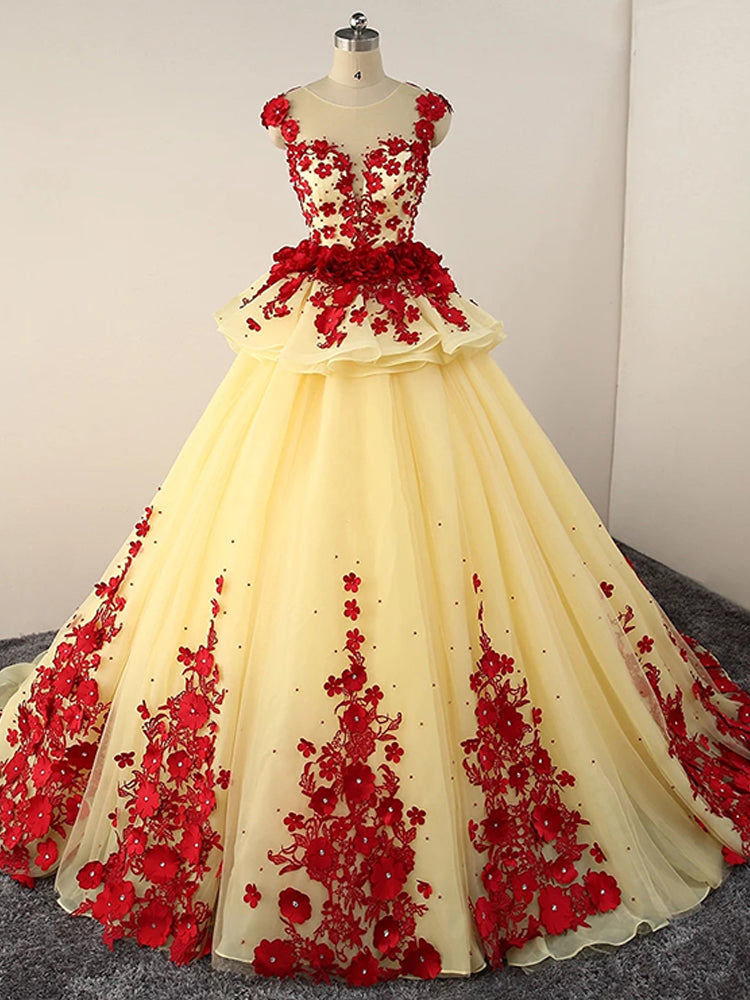 Light Yellow Tulle Ball Gown Beaded and Flowers Sweet 16 Gown, Light Yellow Quinceanera Dress