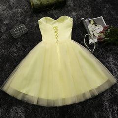Light Yellow Tulle Short Beaded Sweetheart Homecoming Dress, Tulle Short Formal Dress