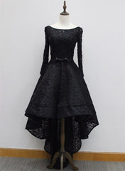 Long Sleeves Lace High Low Party Dress , Beaded Black Evening Dress