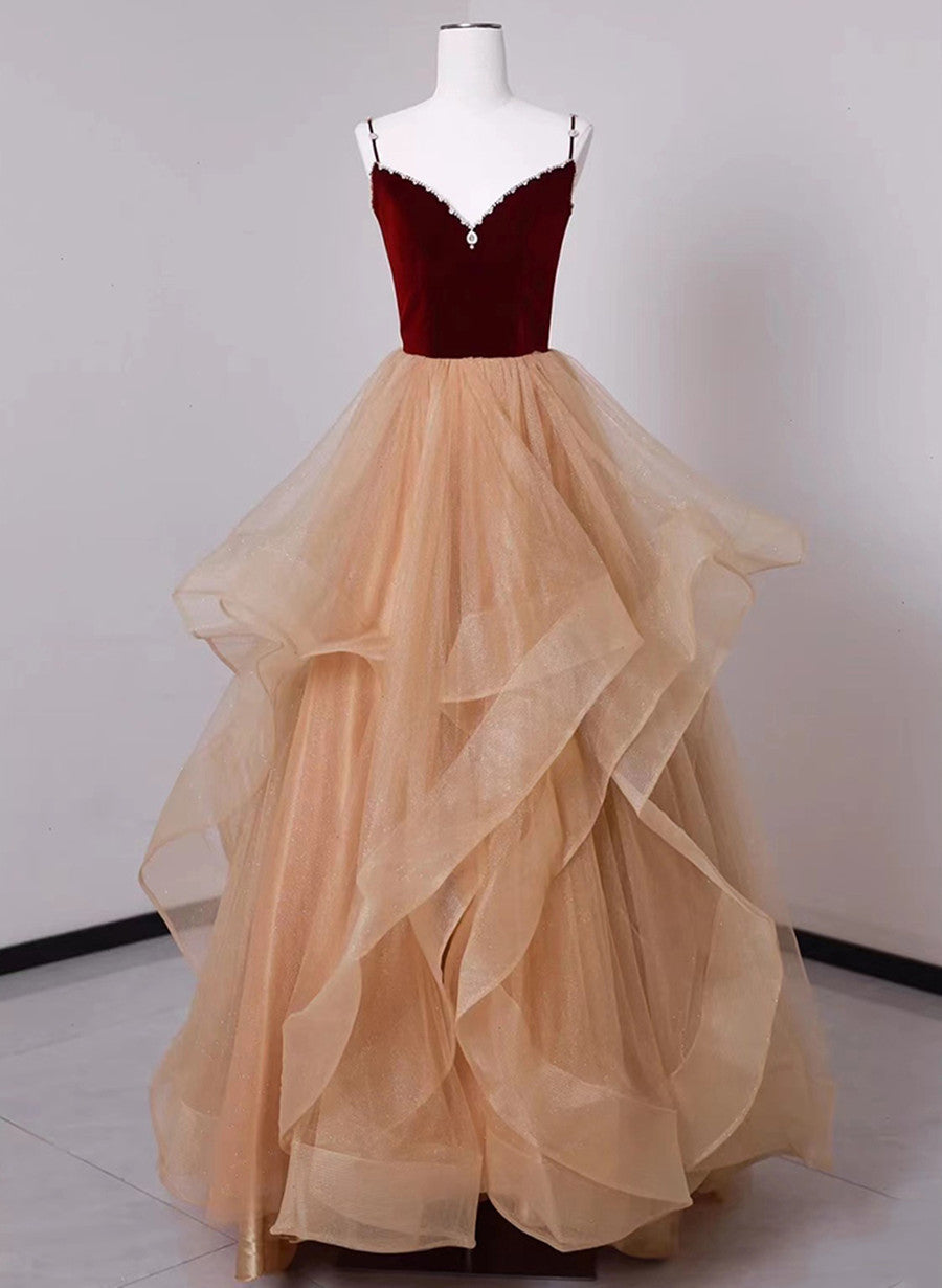 Lovely Champagne Tulle and Wine Red Velvet Straps Prom Dress, A-line Long Party Dress