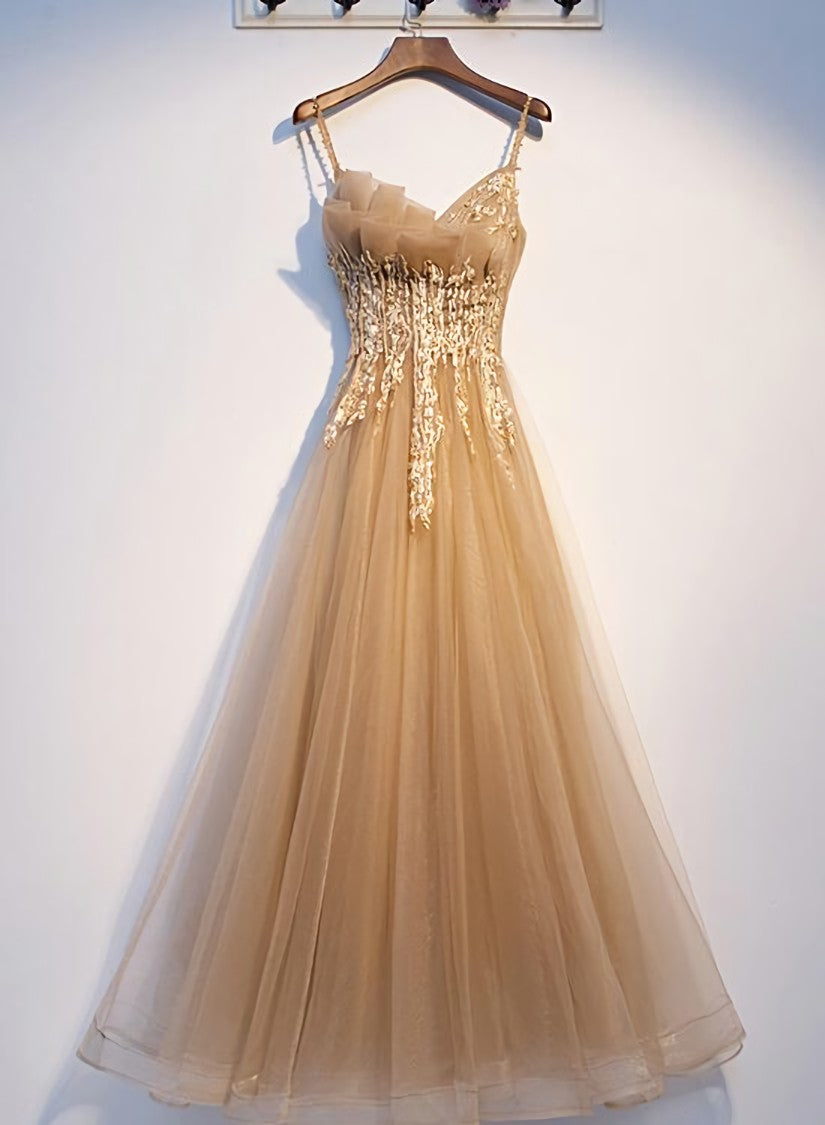 Lovely Champagne Tulle with Lace Long Formal Dress, Champagne Prom Dress