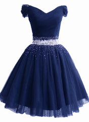 Lovely Off Shoulder Navy Blue Beaded Homecoming Dress, Short Prom Dress