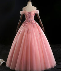 Lovely Pink Floral Tulle Off Shoulder Flowers Princess Gown, Pink Sweet 16 Formal Dresses