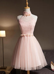 Lovely Pink Halter Tulle Flowers Short Prom Dress Homecoming Dress, Pink Graduation Dresses Party Dresses