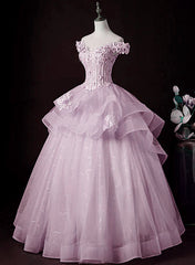 Lovely Pink Off Shoulder Long Formal Dress, Pink Sweet 16 Formal Dress Prom Dress