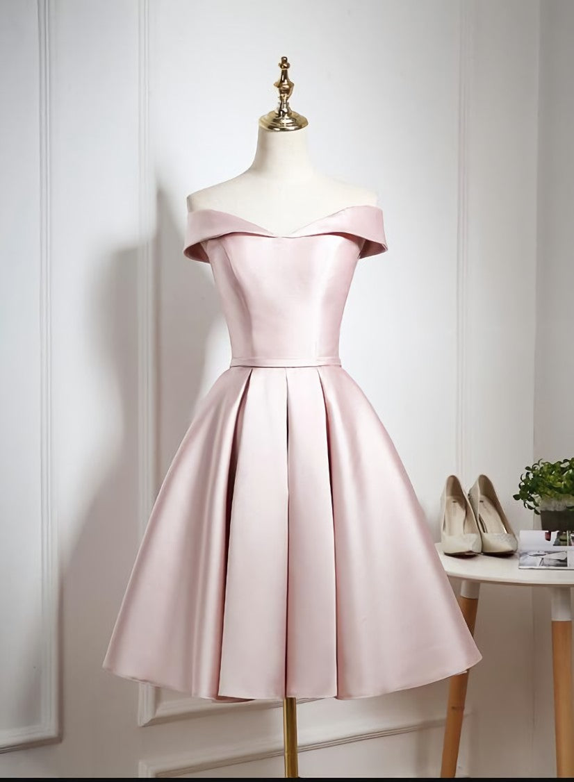 Lovely Pink Satin Off Shoulder Knee Length Formal Dress, Homecoming Dress