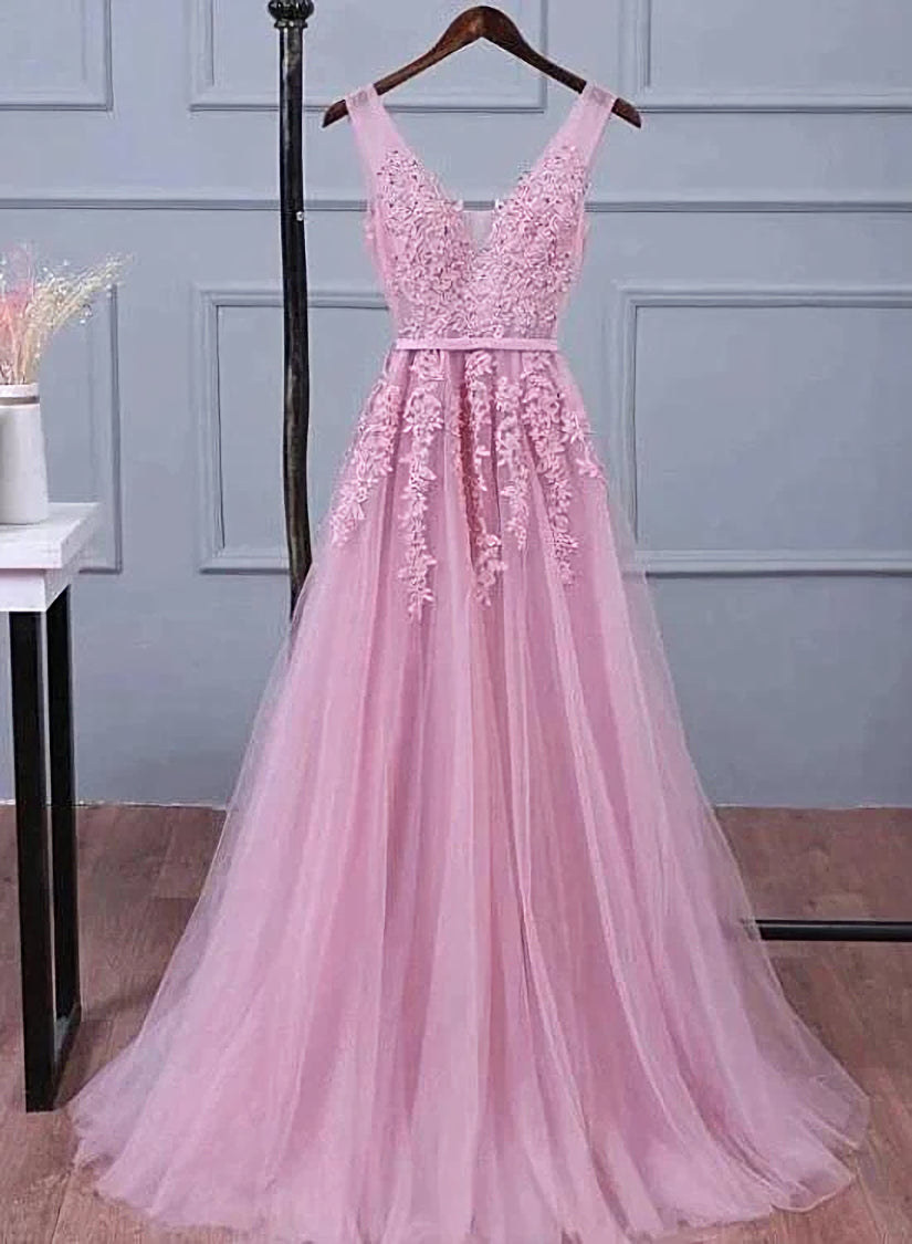 Lovely Pink V-neckline Long Party Dress ,Tulle Bridesmaid Dress