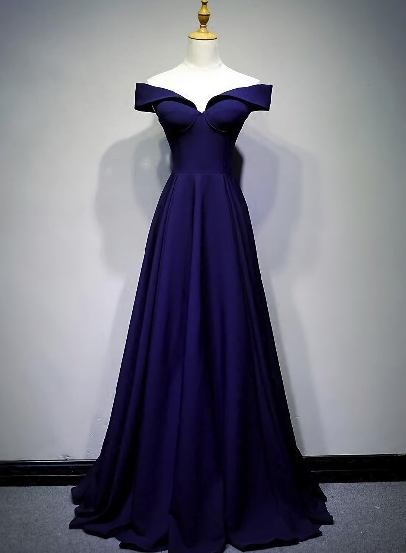 Navy Blue A-line Spandex Long Prom Dress, Off Shoulder Bridesmaid Dress