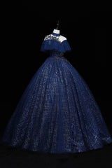 Navy Blue High Neckline Tulle with Lace Formal Dress, Navy Blue Ball Gown Sweet 16 Dress