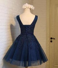 Navy Blue Knee Length Homecoming Dresses, V-neckline Short Formal Dresses