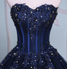 Navy Blue Lace Applique Tulle Long Party Dress, Blue Formal Gown
