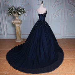Navy Blue Lace Applique Tulle Long Party Dress, Blue Formal Gown