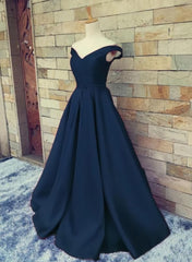 Navy Blue Satin Sweetheart A-line Handmade Formal Dress, Blue Long Prom Dress