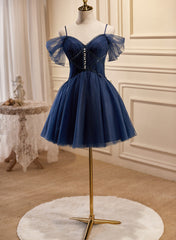 Navy Blue Tulle Beaded Short Prom Dress, Blue Tulle Off Shoulder Homecoming Dress