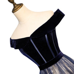Navy Blue Tulle Off Shoulder Velvet Top Long Party Dress, Blue Evening Dress Prom Dress
