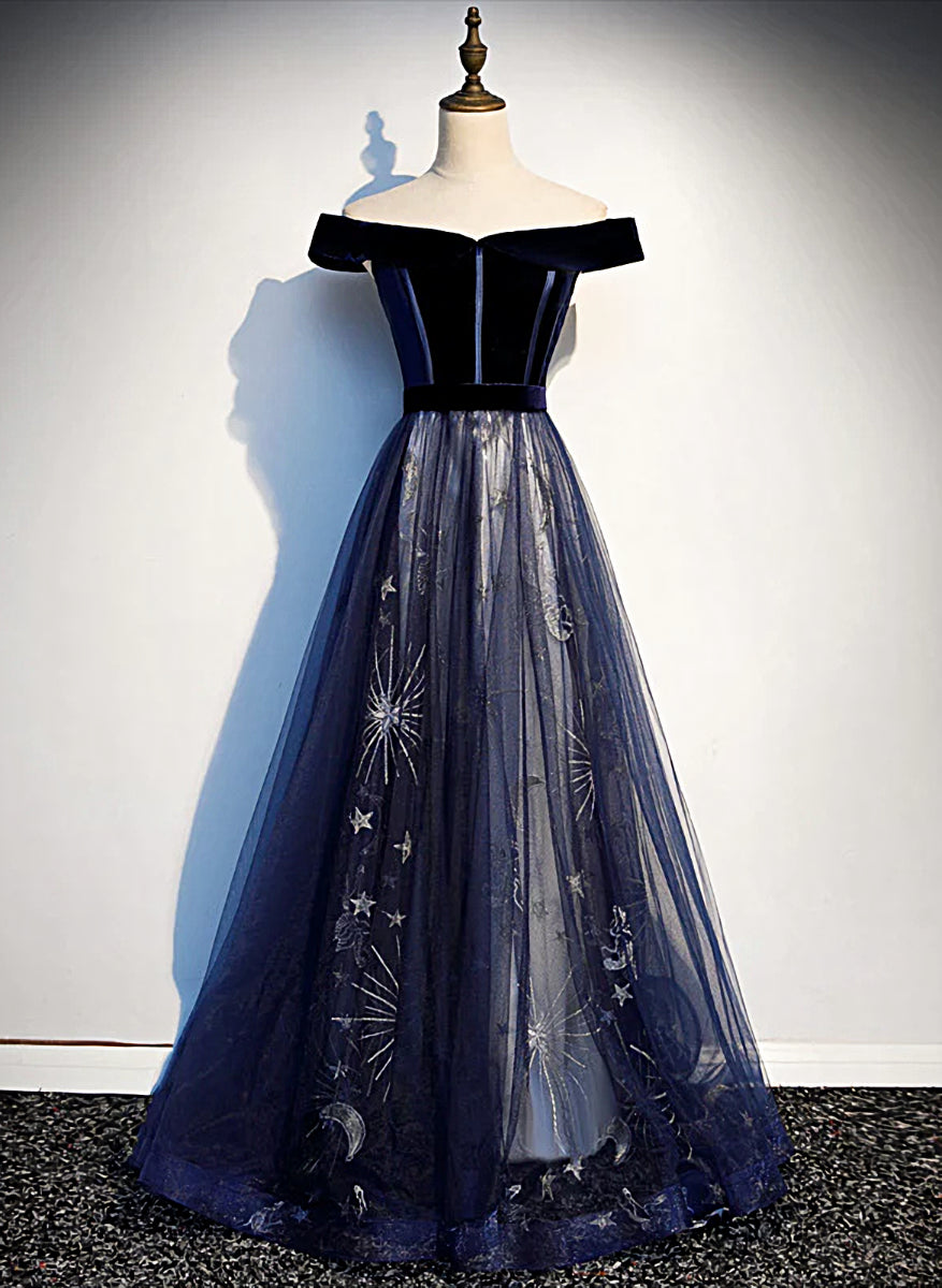 Navy Blue Tulle Off Shoulder Velvet Top Long Party Dress, Blue Evening Dress Prom Dress