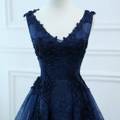 Navy Blue V-neckline Lace Long Party Dress with Flowers, Blue V-neckline Prom Dress