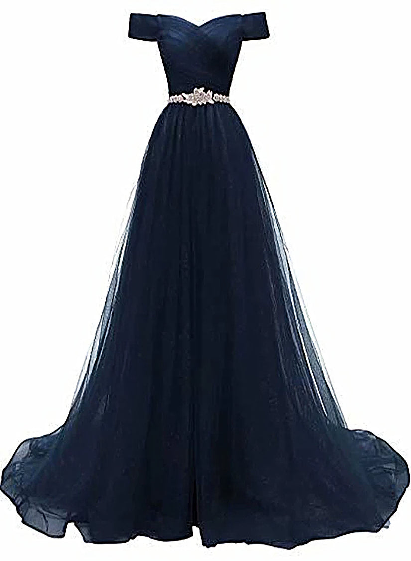 Off Shoulder Navy Blue Party Dress, A-line Tulle Blue Bridesmaid Dress