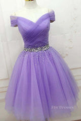 Off Shoulder Sequins Purple Short Prom Dresses, Off the Shoulder Purple Homecoming Dresses, Short Purple Formal Evening Dresses