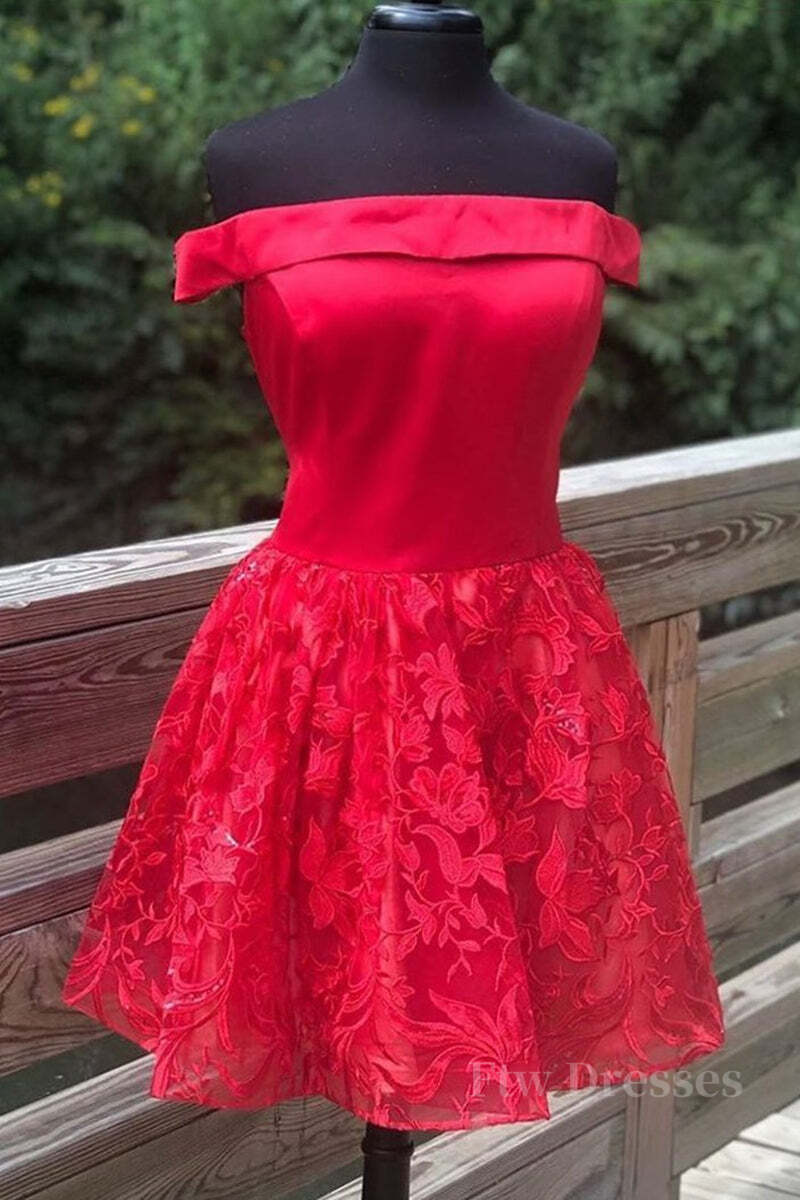 Off Shoulder Short Red Lace Prom Dress, Off Shoulder Red Lace Formal Graduation Dress, Red Lace Homecoming Dress