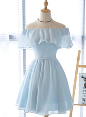 Off Shoulder Simple Short Bridesmaid Dress, Lovely Blue Chiffon Party Dress
