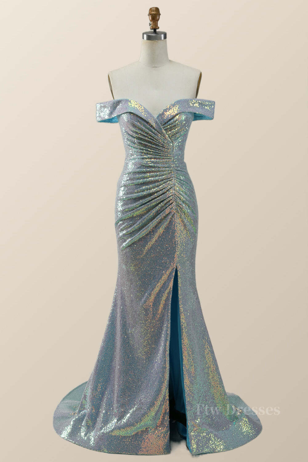 Off the Shoulder Blue Sequin Mermaid Long Formal Dress