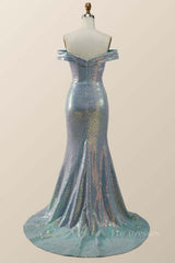 Off the Shoulder Blue Sequin Mermaid Long Formal Dress