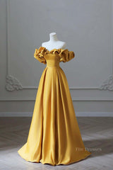 Off the Shoulder Yellow Satin Long Prom Dresses, Off Shoulder Yellow Long Formal Evening Dresses
