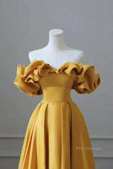 Off the Shoulder Yellow Satin Long Prom Dresses, Off Shoulder Yellow Long Formal Evening Dresses