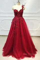 One Shoulder 3D Floral Burgundy Lace Long Prom Dress, Burgundy Lace Appliques Formal Graduation Evening Dress
