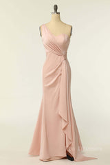 One Shoulder Blush Pink Mermaid Long Bridesmaid Dress