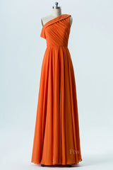 One Shoulder Orange Chiffon A-line Long Bridesmaid Dress