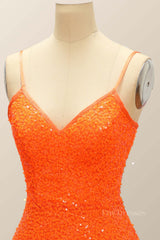 Orange Sequin Straps A-line Short Party Dress