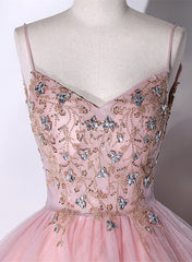Pink Ball Gown Beaded V-neckline Prom Dress, Pink Sweet 16 Dresses