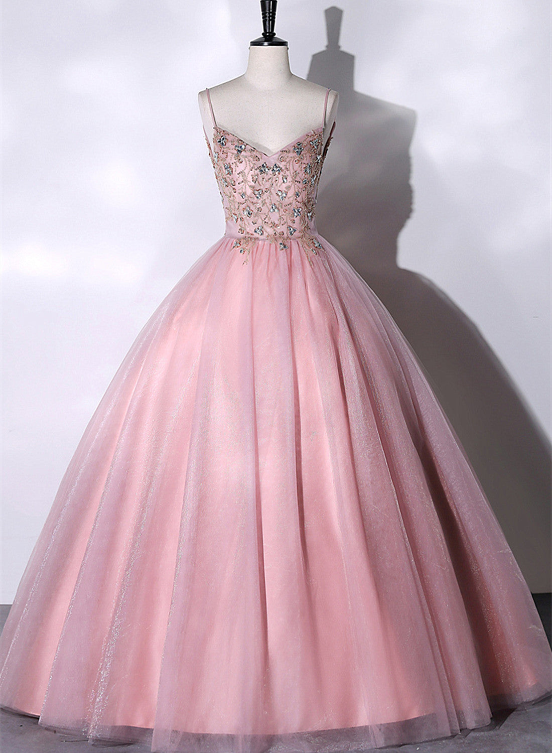 Pink Ball Gown Beaded V-neckline Prom Dress, Pink Sweet 16 Dresses