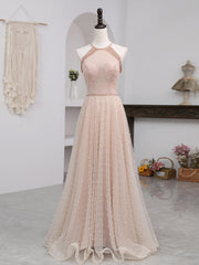 Pink Beaded Tulle Halter Long Formal Dress Evening Dress, Pink Long A-line Party Dress
