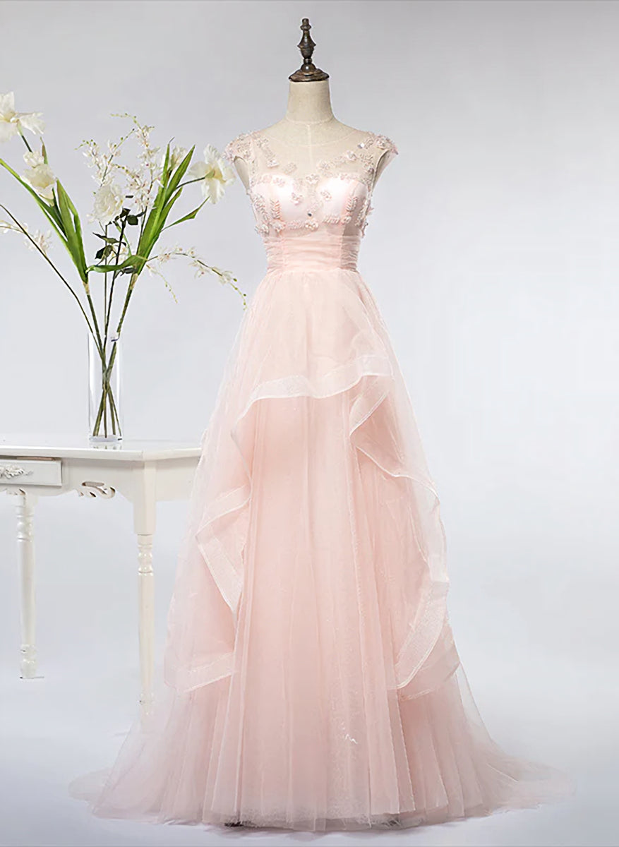 Pink Elegant Tulle A-line Floor Length Wedding Party Dresses, Light Pink Gown