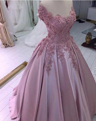 Pink Flowers Off Shoulder Satin Ball Gown Prom Dress, Pink Evening Dress Party Dress
