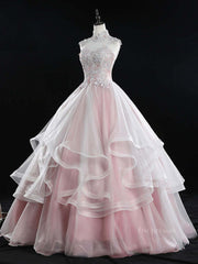Pink high neck tulle lace long prom dress, pink sweet 16 dress