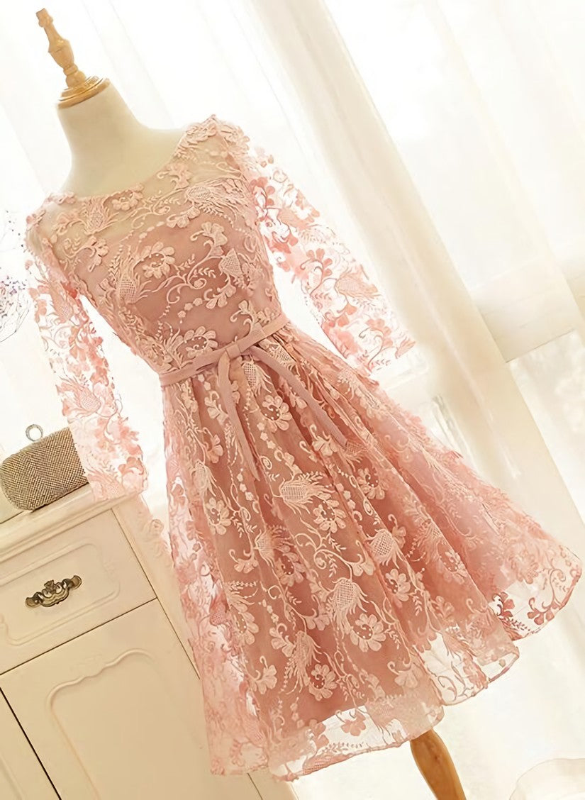 Pink Long Sleeves Lace Wedding Party Dress, Charming Party Dress