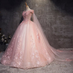 Pink Long Tulle with Lace Applique Ball Gown Sweet 16 Dresses, Pink Formal Dresses