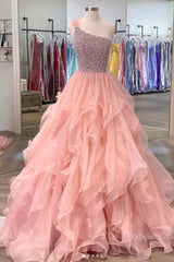 Pink one shoulder beads long prom dress pink evening dress