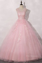 Pink round neck tulle lace long prom dress pink tulle formal dress