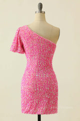 Pink Sequin Tight One Shoulder Short Sleeve Mini Dress